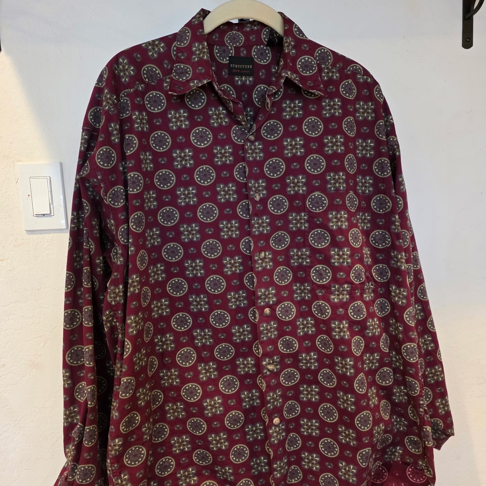 Vintage Burgundy Patterned Button-Up Shirt